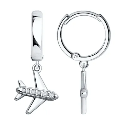 Серьги самолёт с фианитом из серебра